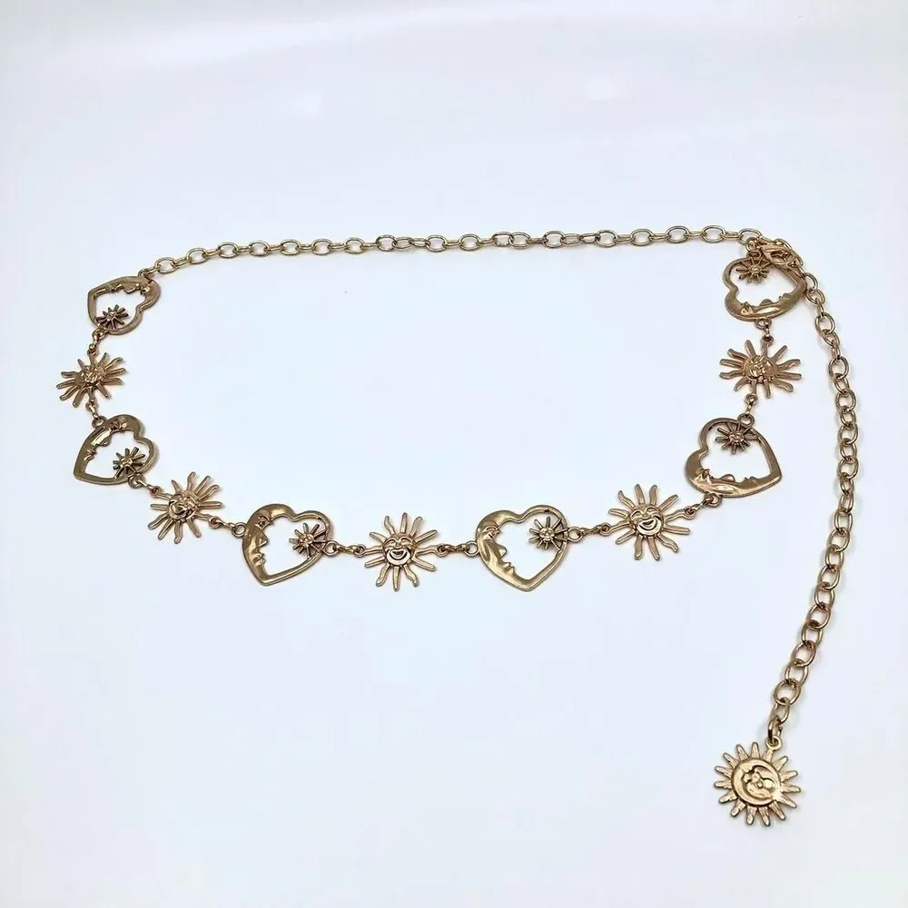 Celestial Gold Sun Heart Crescent Moon Chain Belt, Fits 20–39.5 Inches, X7GA1158